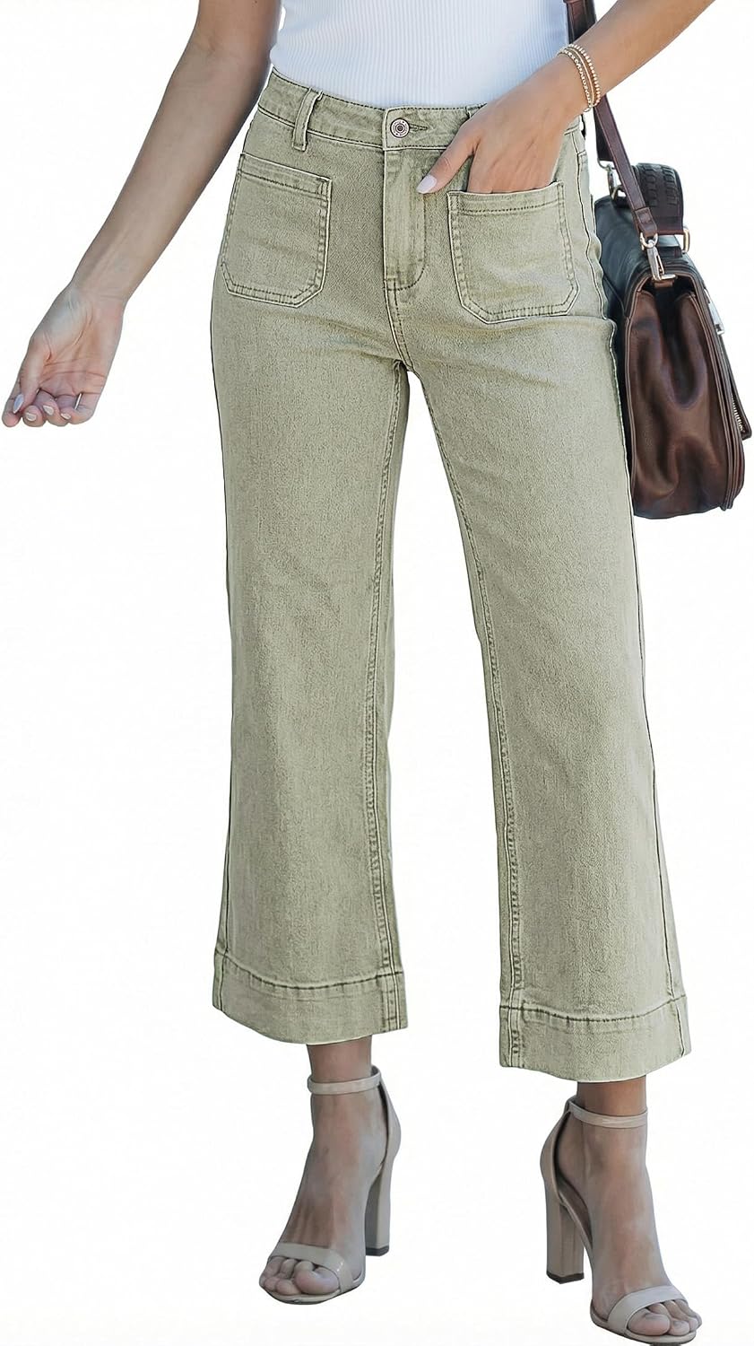 Women's Cropped Flare Jeans - High Rise Wide Leg Denim with Front Patch Pockets for Concert Outfits - Medium
