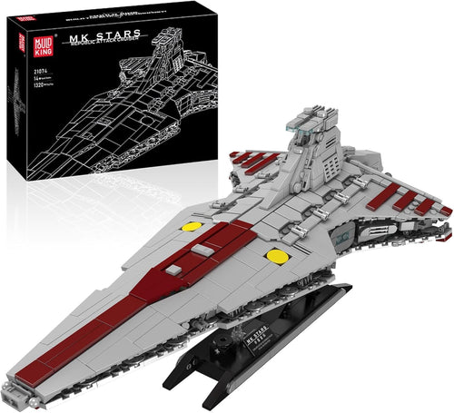 Grey wedge-shaped space attack cruiser brick model on an angled display pedestal
