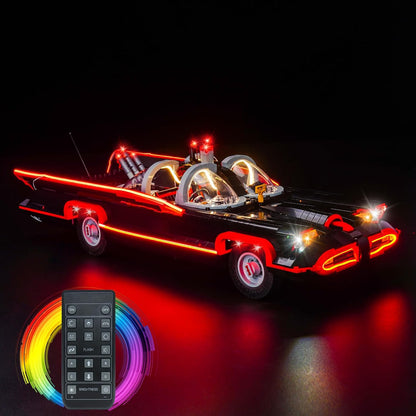 Black brick-built classic superhero car with glowing LED headlights and exhaust