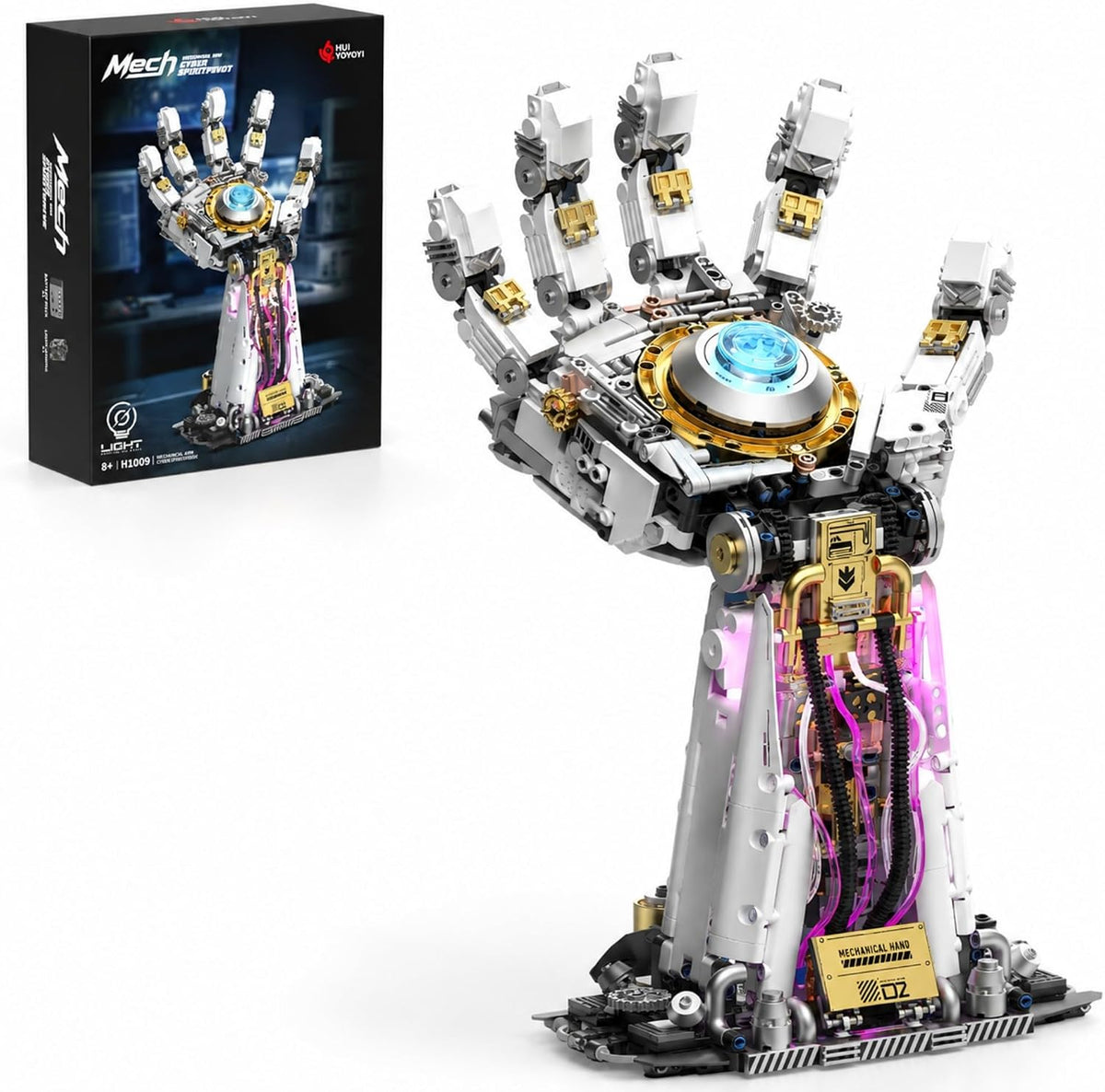 Brick-built mechanical robot hand in silver and gold with lit palm