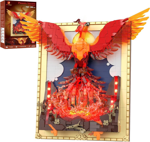 Brick-built red and orange phoenix with spread wings lit by LED lights