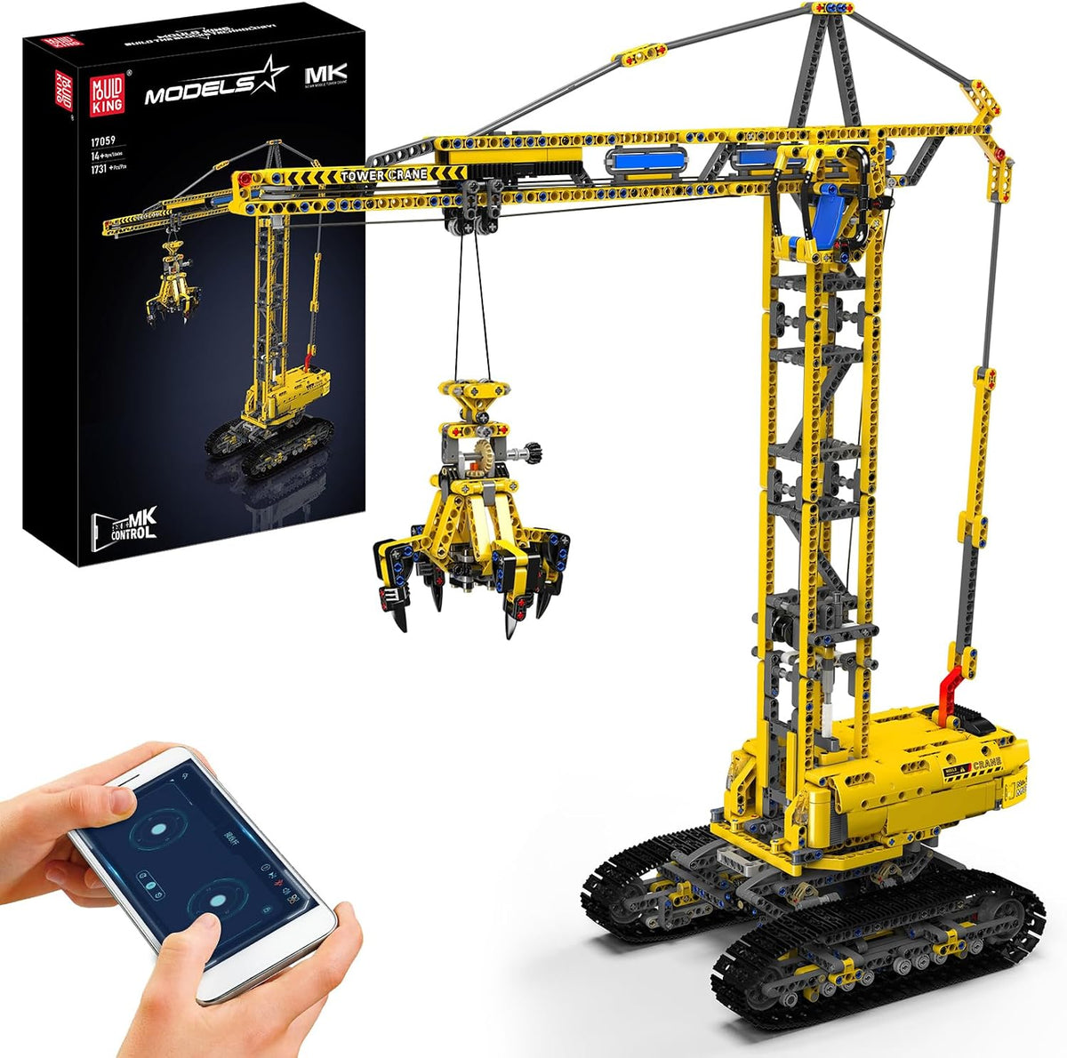 Brick-built crawler crane with tall boom and tracked base