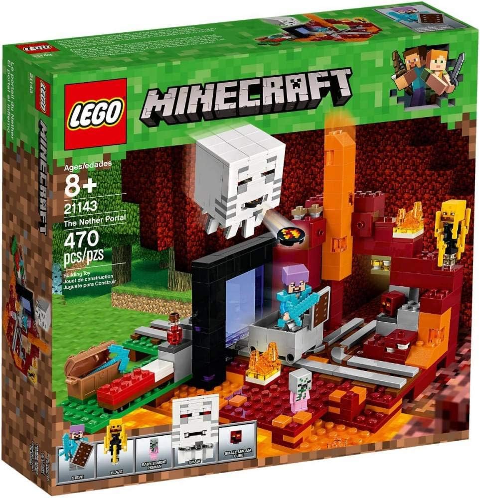 Blocky brick-built fiery landscape with portal, rail track and floating creature