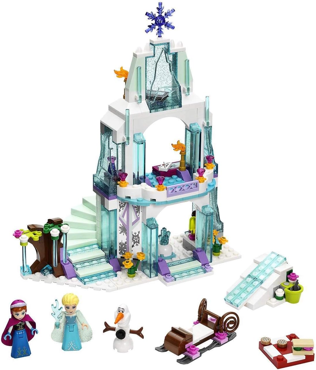 Light blue and white brick ice palace with sleigh, icicle tree and princess figures