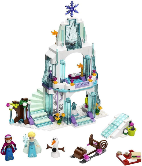 Light blue and white brick ice palace with sleigh, icicle tree and princess figures