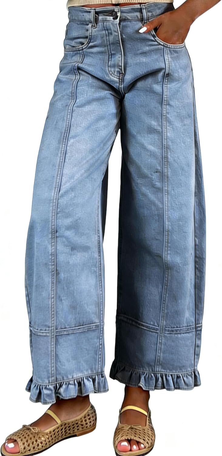 Women's Floral Print Barrel Jeans - Wide Leg Baggy Boyfriend Denim with Patchwork Panels - Small (10)