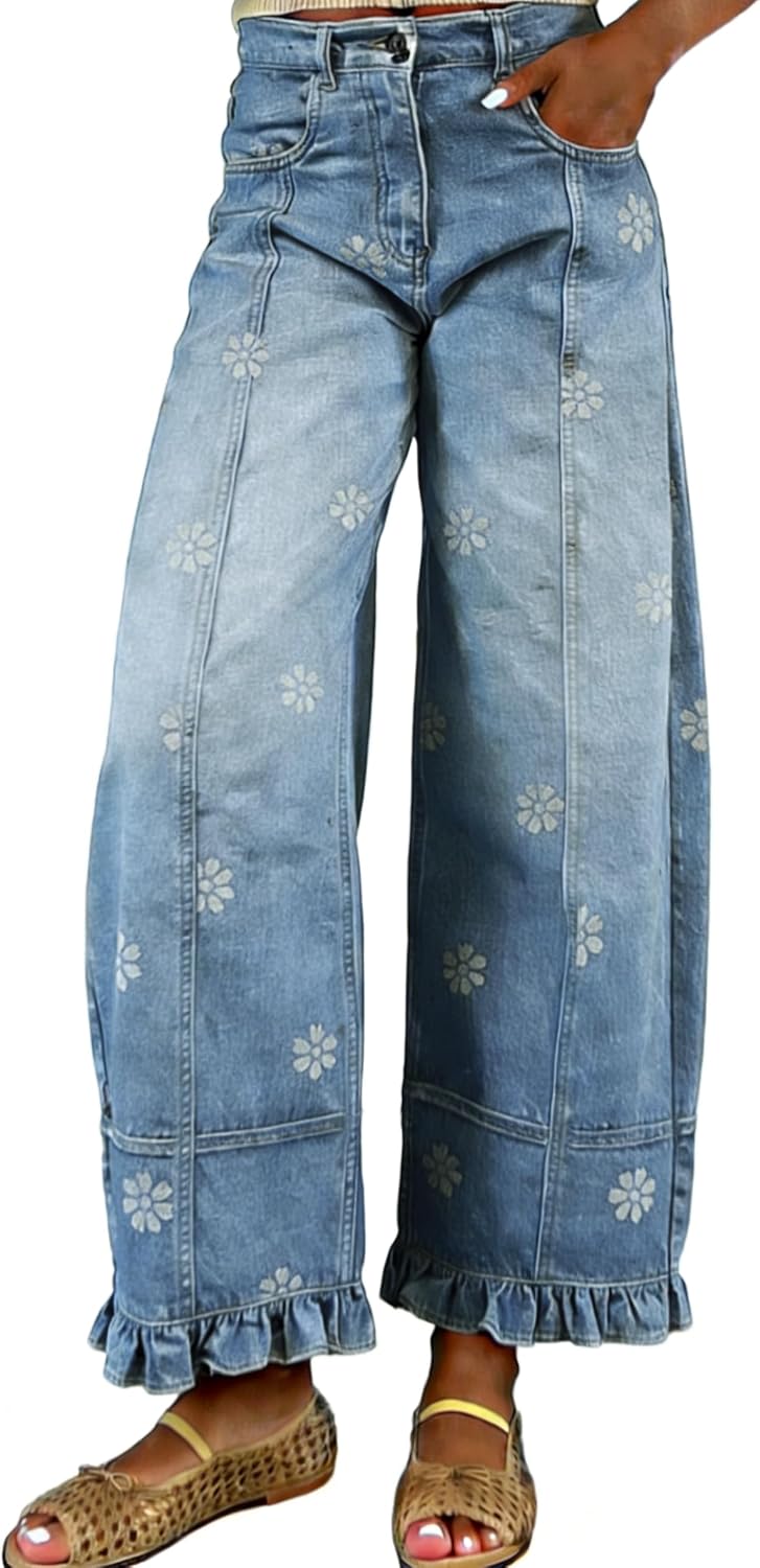 Women's Floral Print Barrel Jeans - Wide Leg Baggy Boyfriend Denim with Patchwork Panels - Small