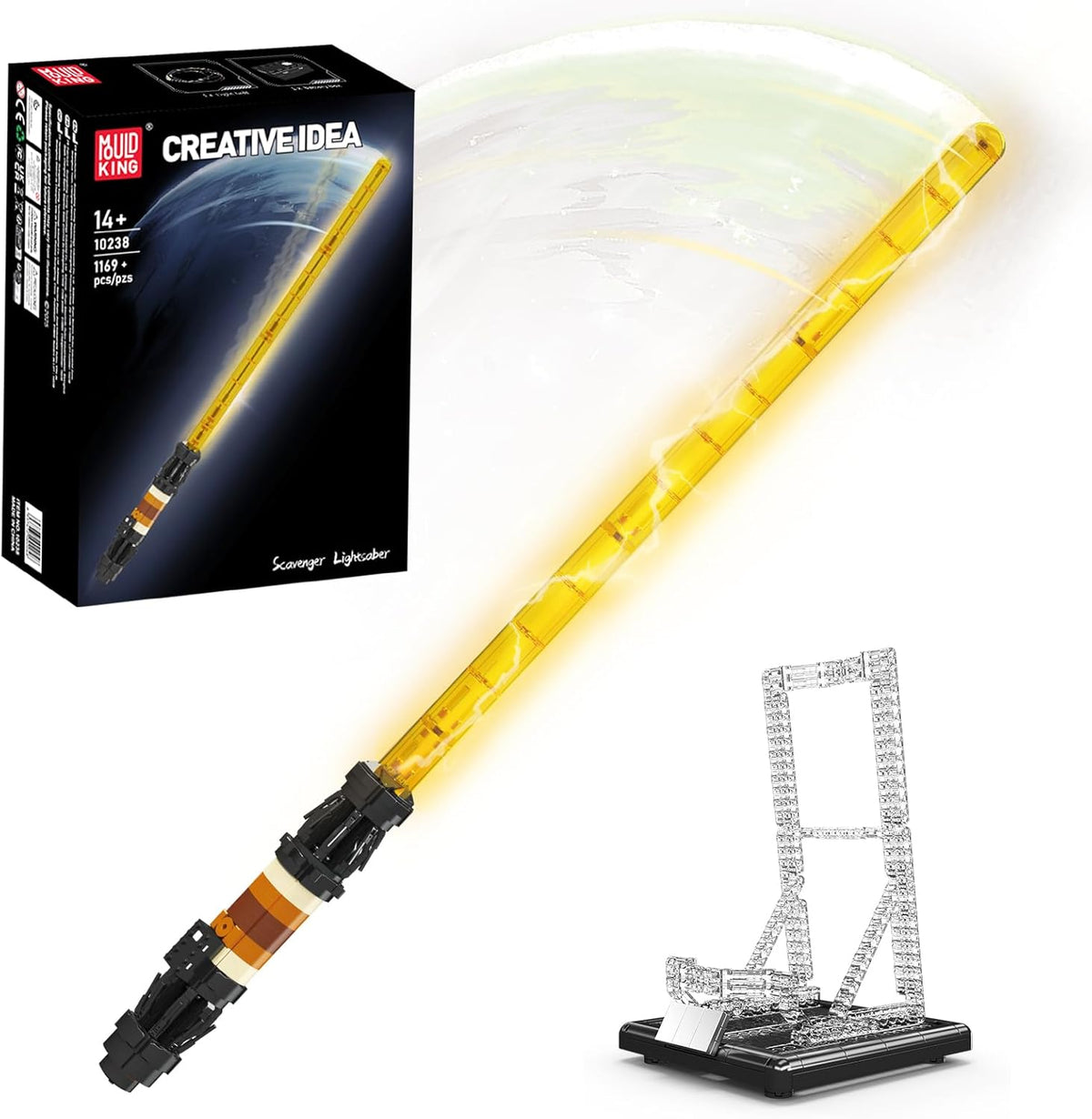 Brick-built light sword with glowing LED blade on a holder rack – view 3