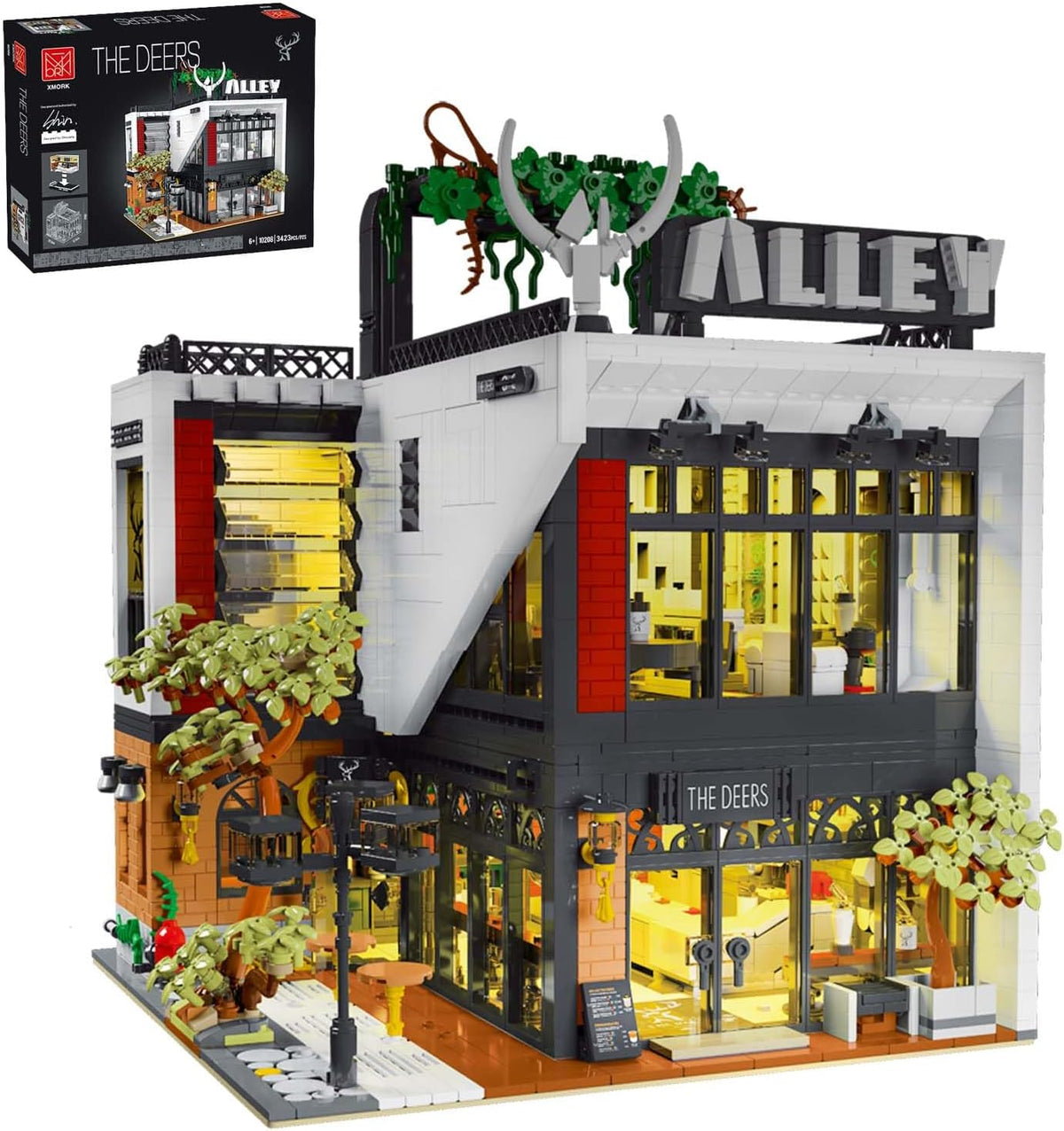 Lit brick bubble tea cafe with rooftop seating, street lamps and trees