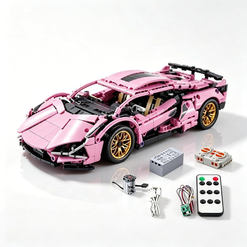 Pink 1:14 scale car model built from building blocks