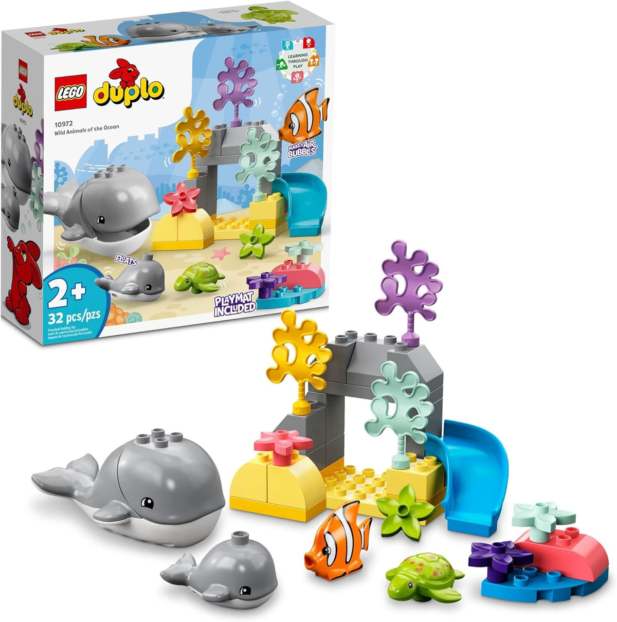 Large toddler bricks forming an ocean scene with whale, baby whale, turtle and fish on a playmat
