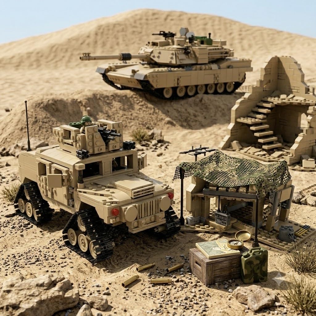 Brick-built main battle tank and half-track vehicle in a ruined battlefield scene