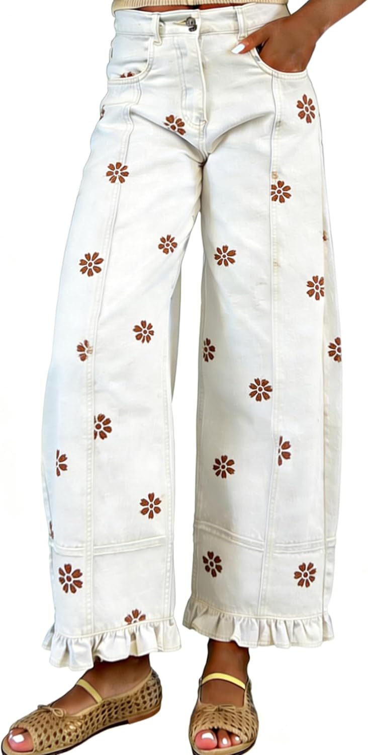 Women's Floral Print Barrel Jeans - Wide Leg Baggy Boyfriend Denim with Patchwork Panels - Small (14)