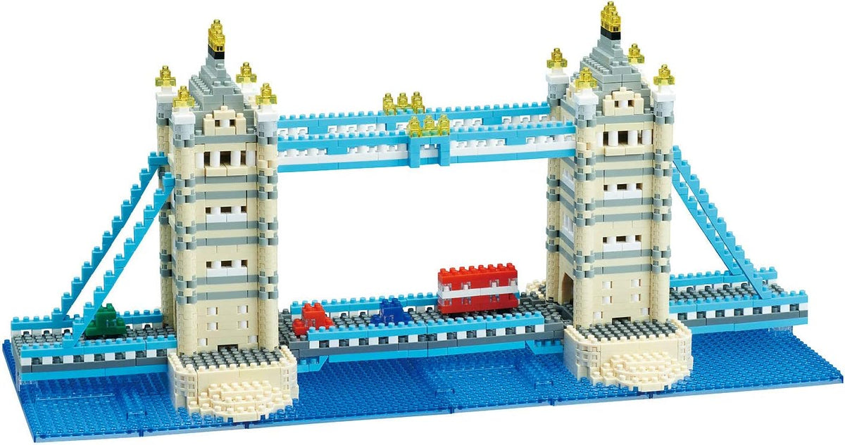 Finished micro-brick Tower Bridge landmark model with twin towers and walkways