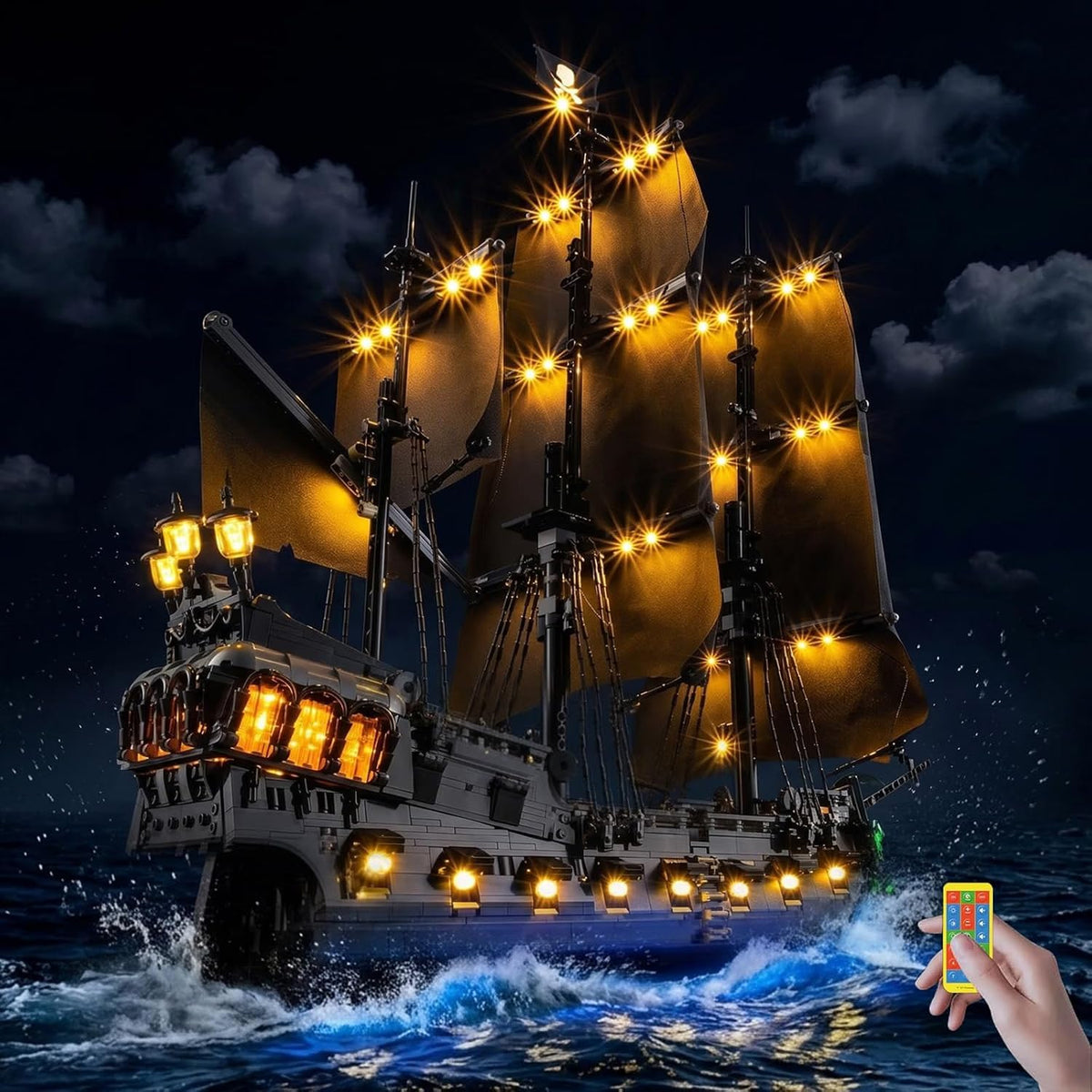 Phantom pirate ship brick model glowing with green, amber and blue LED lights