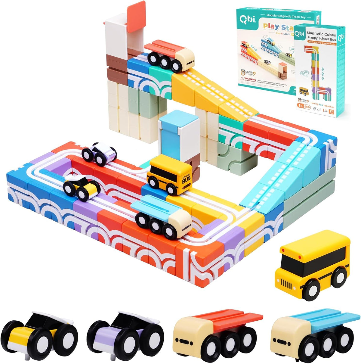 Colorful magnetic blocks built into a 3D track with small toy cars