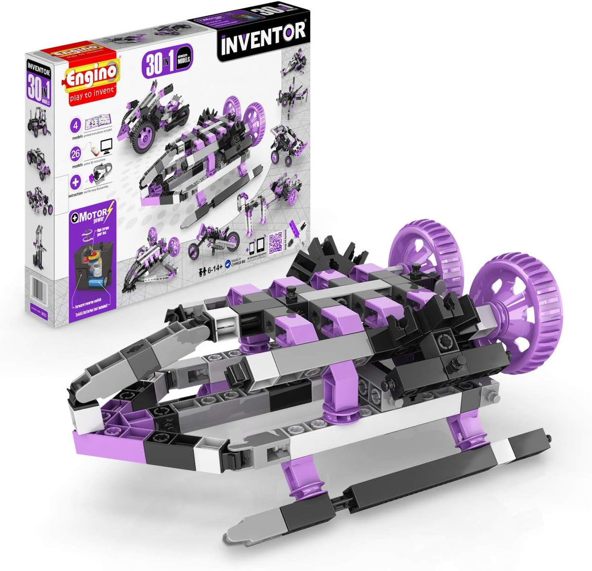 Built motorized toy vehicle model from snap-together construction parts – view 2