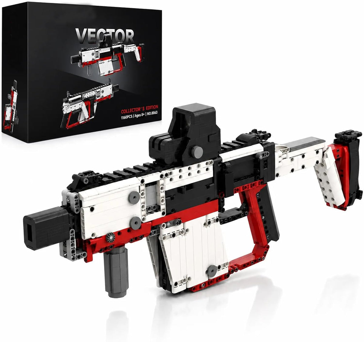 Life-size brick-built submachine gun model shown in black