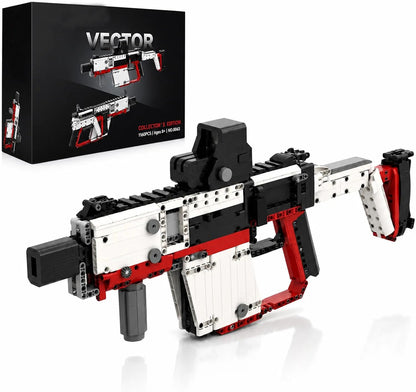 Life-size brick-built submachine gun model shown in black
