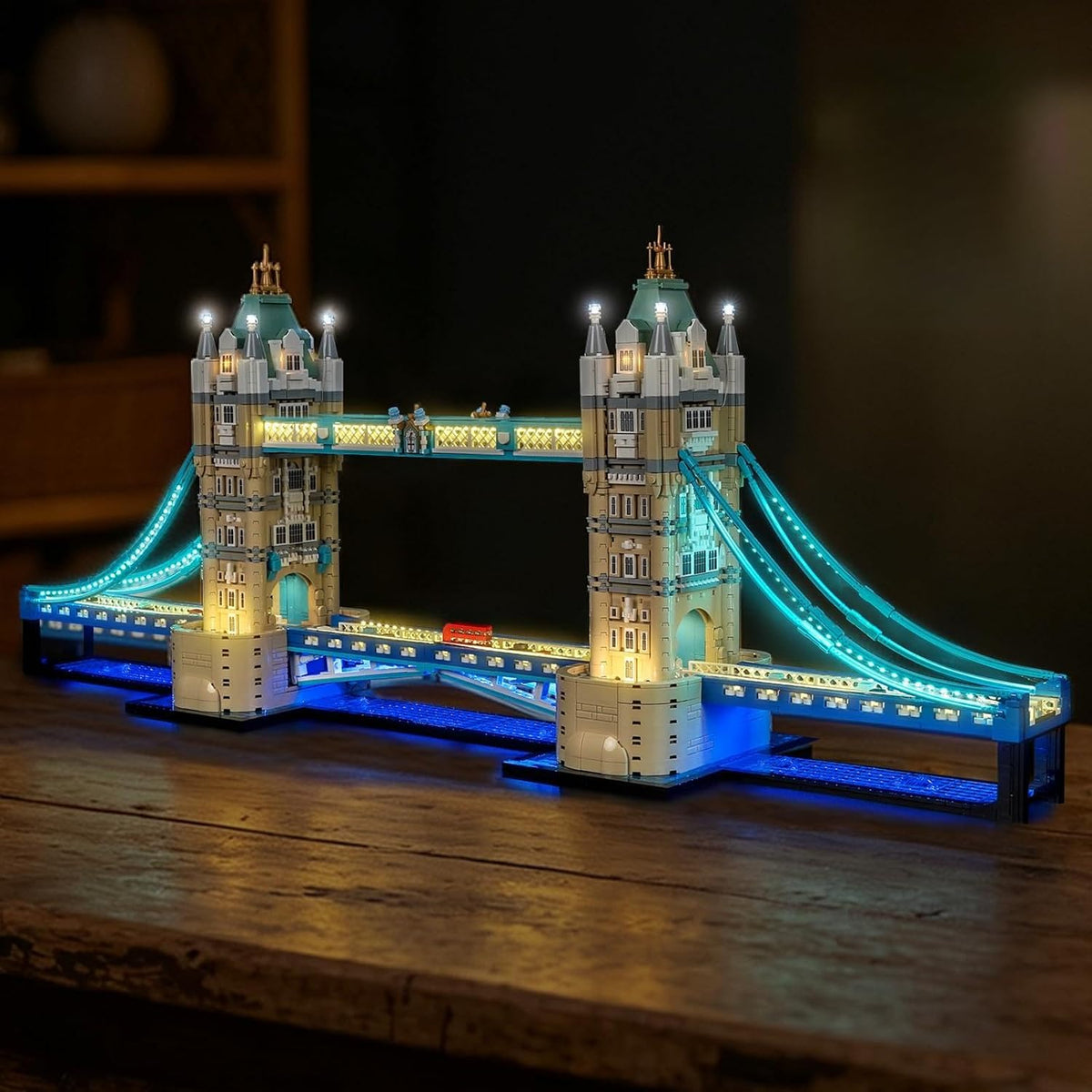 Tower Bridge brick model illuminated with warm LED lights at night