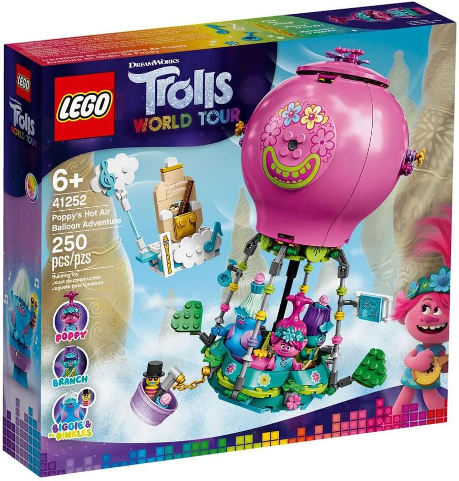 Brick-built colorful hot air balloon with four small figures in the basket