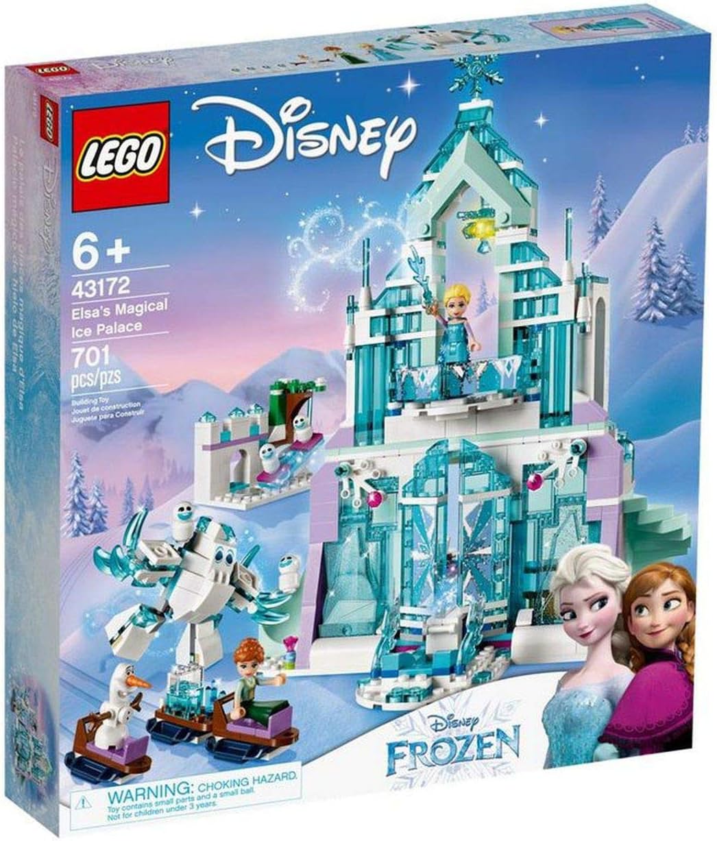 Two-story ice palace brick model with blue spires, sleigh and mini dolls
