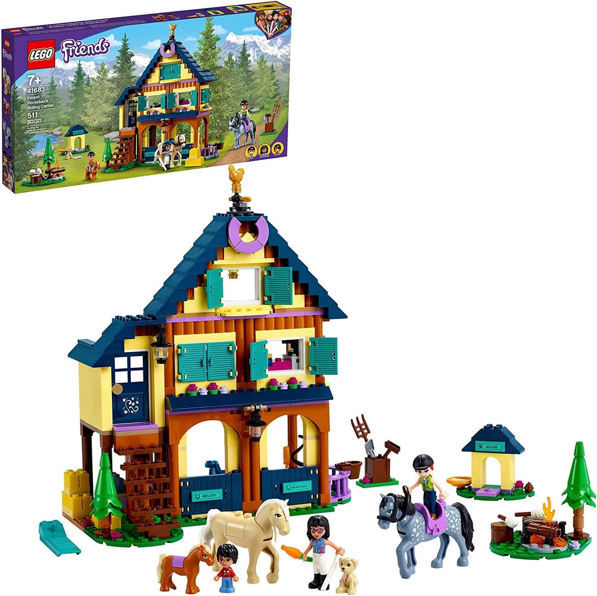 Brick-built three-story forest horse ranch with horses and dolls