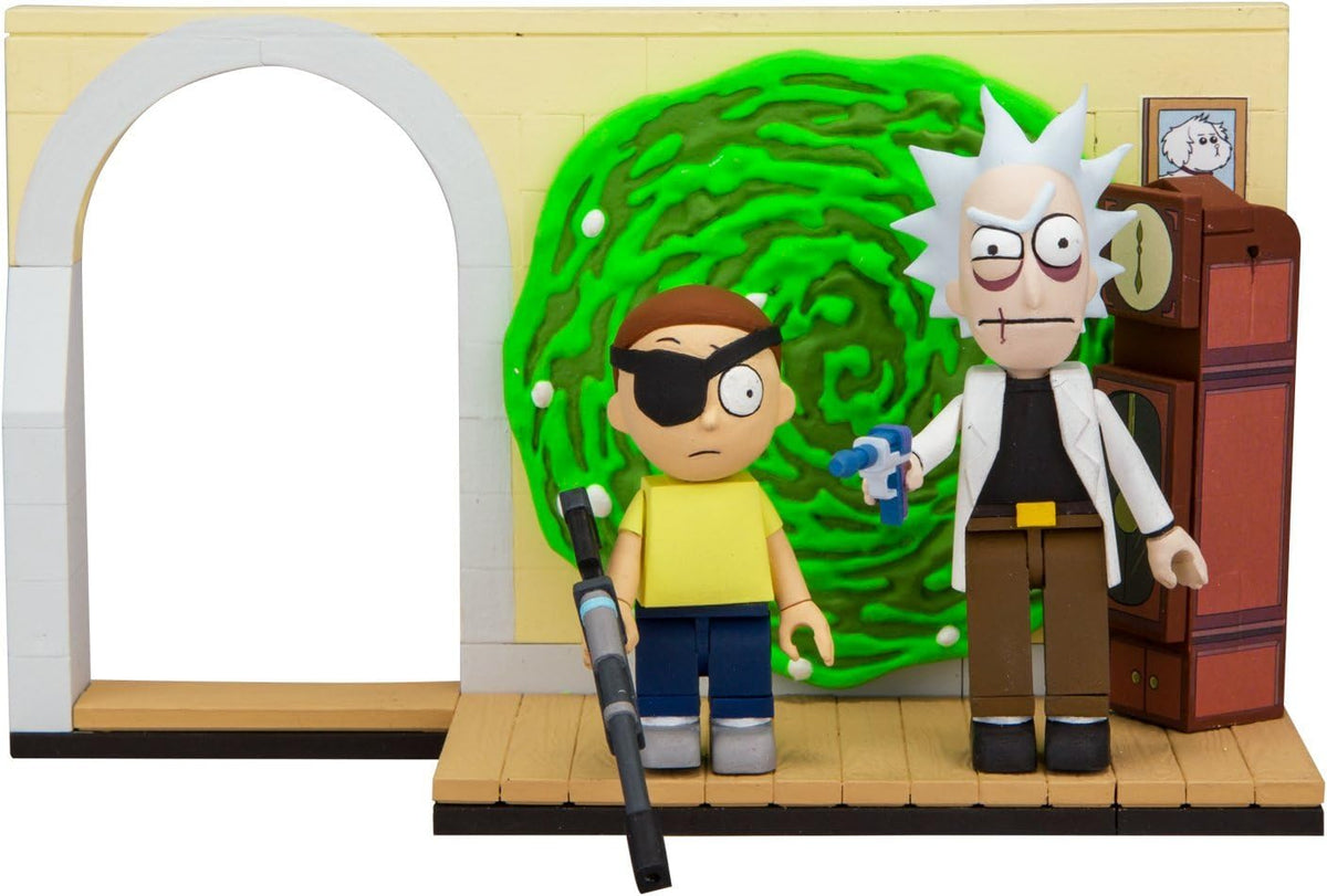 Small brick hallway wall with portal and two cartoon scientist figures