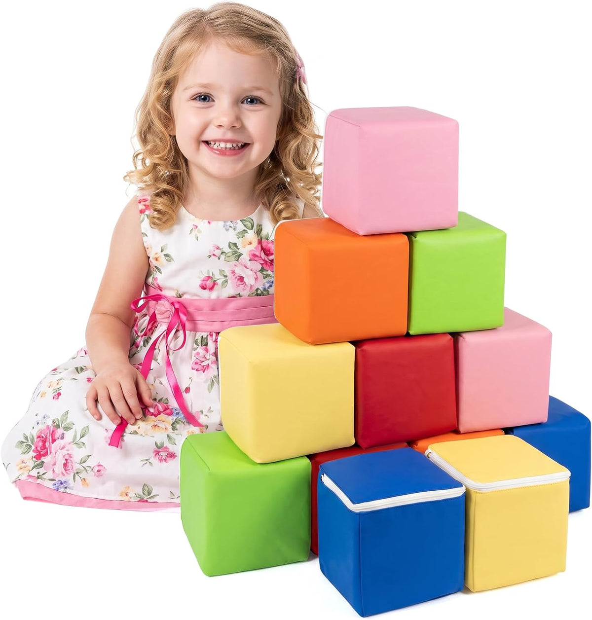 Twelve soft foam cubes in six colors stacked into a tower