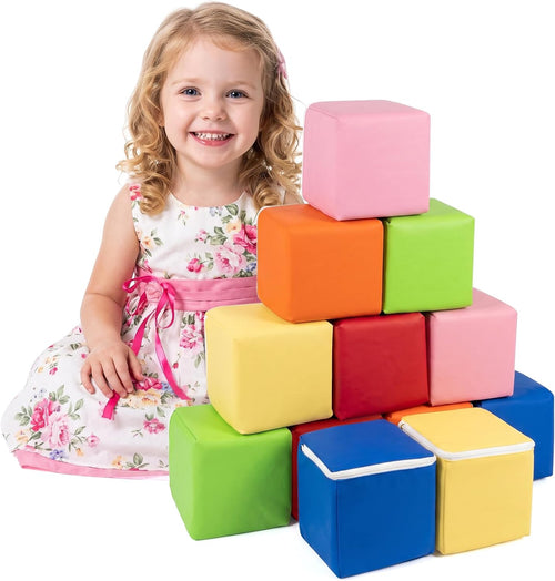 Twelve soft foam cubes in six colors stacked into a tower