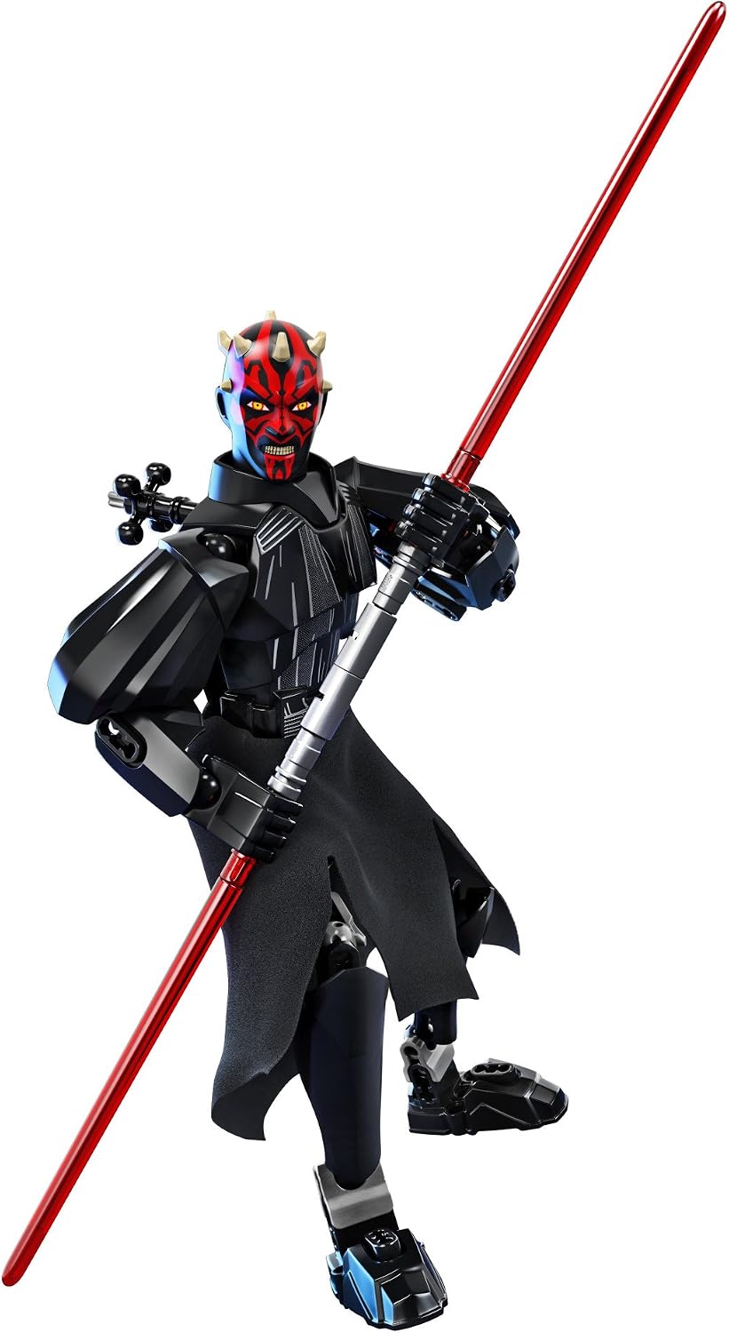 Posable brick-built dark warrior figure holding a double-bladed energy sword