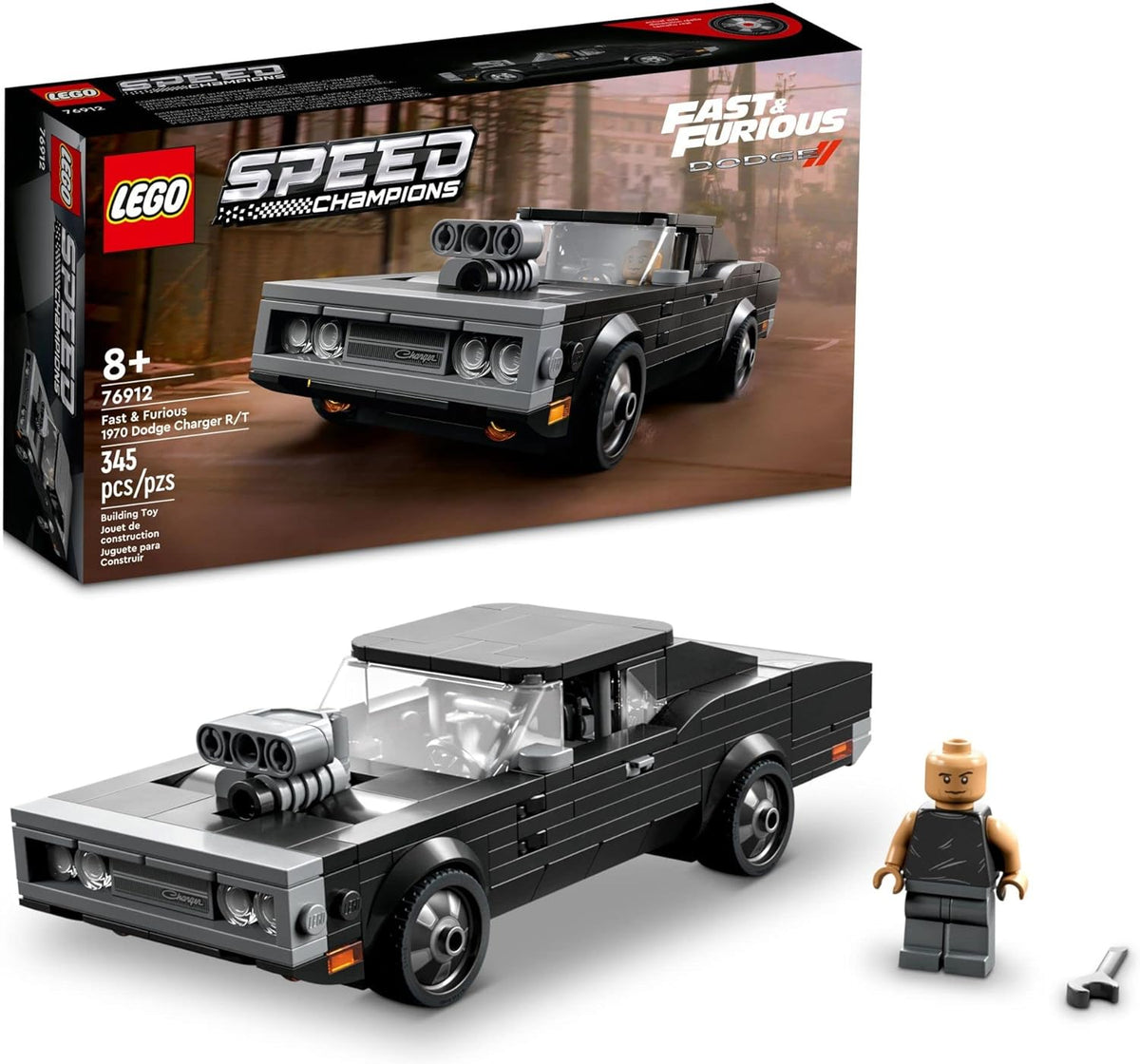 Brick-built muscle car with hood scoop and driver minifigure