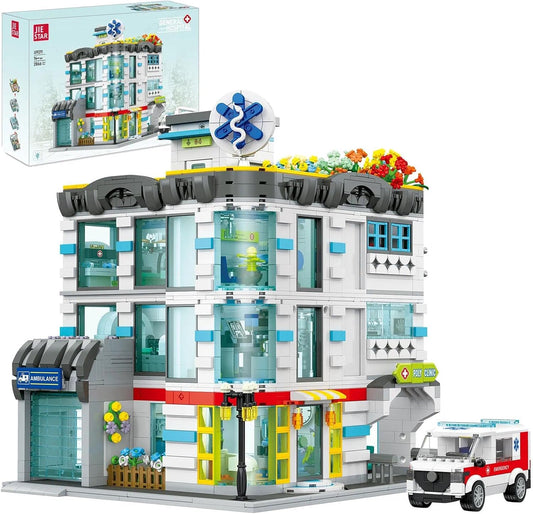 Lit brick-built modular hospital building with street facade