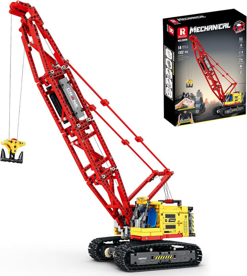 Brick-built tracked crawler crane with long boom and remote control