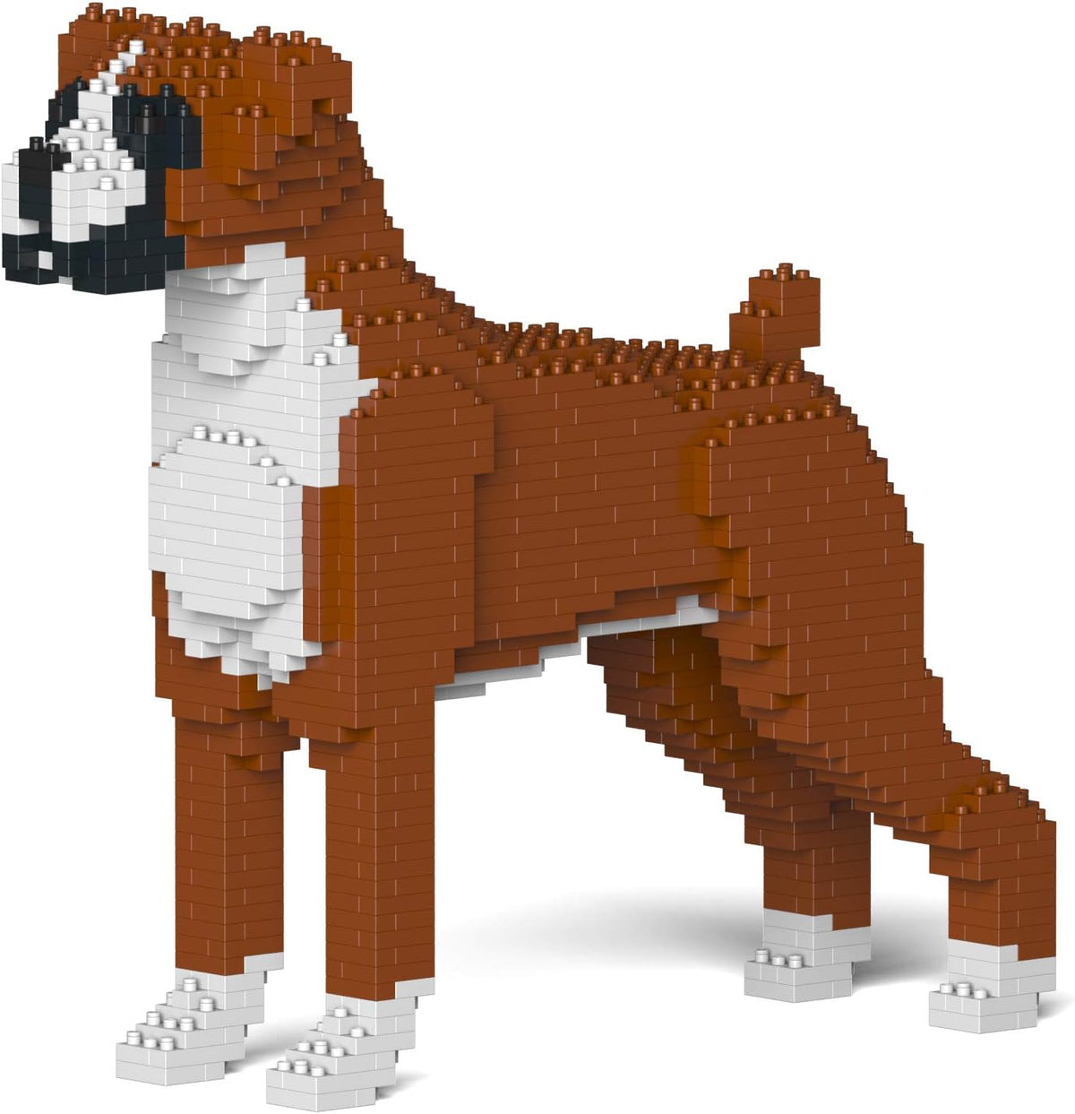Sitting Boxer dog sculpture built from small brown and white plastic bricks