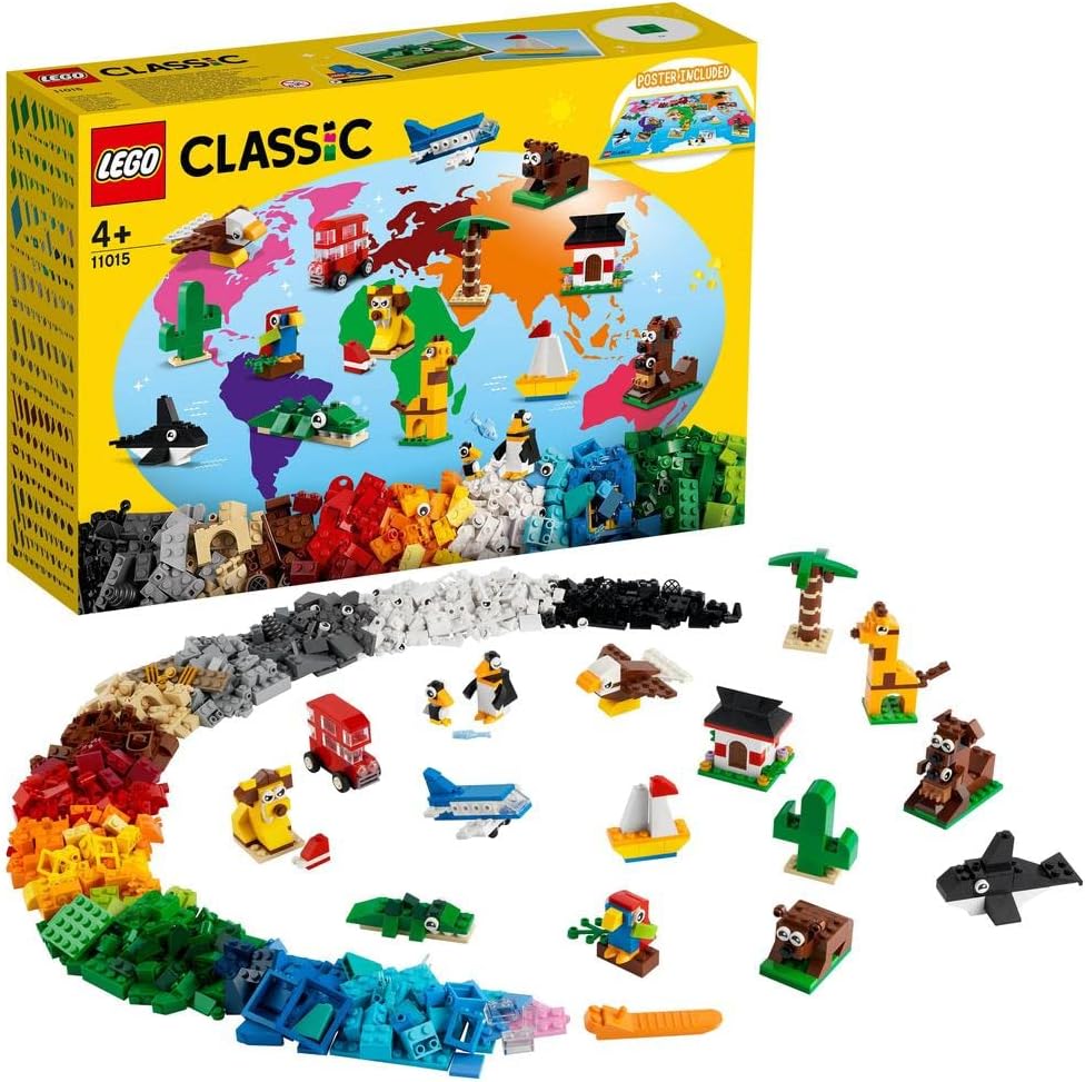 Small brick models of a plane, sailboat, bus, giraffe and kangaroo from a classic brick box