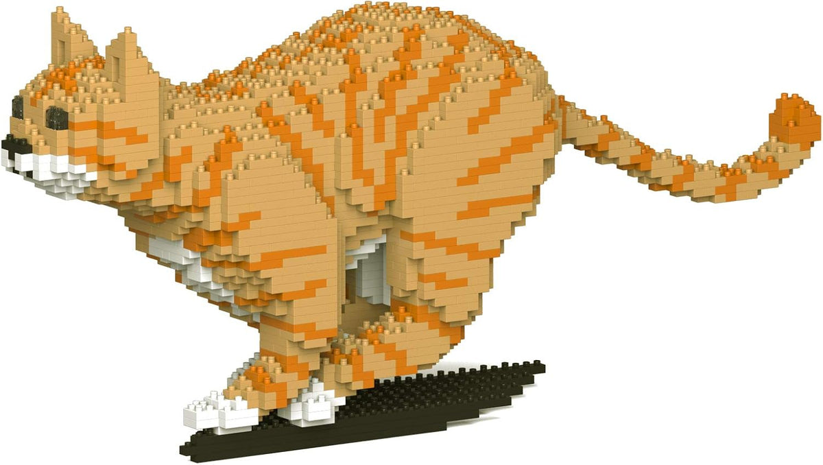 Brick-built orange tabby cat sculpture sitting upright – view 3