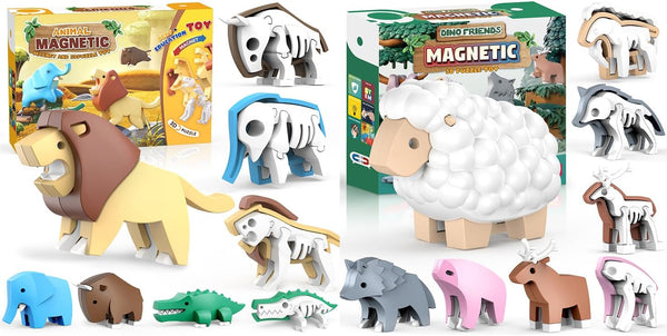 Colorful toy animals split in half showing white bone pieces inside