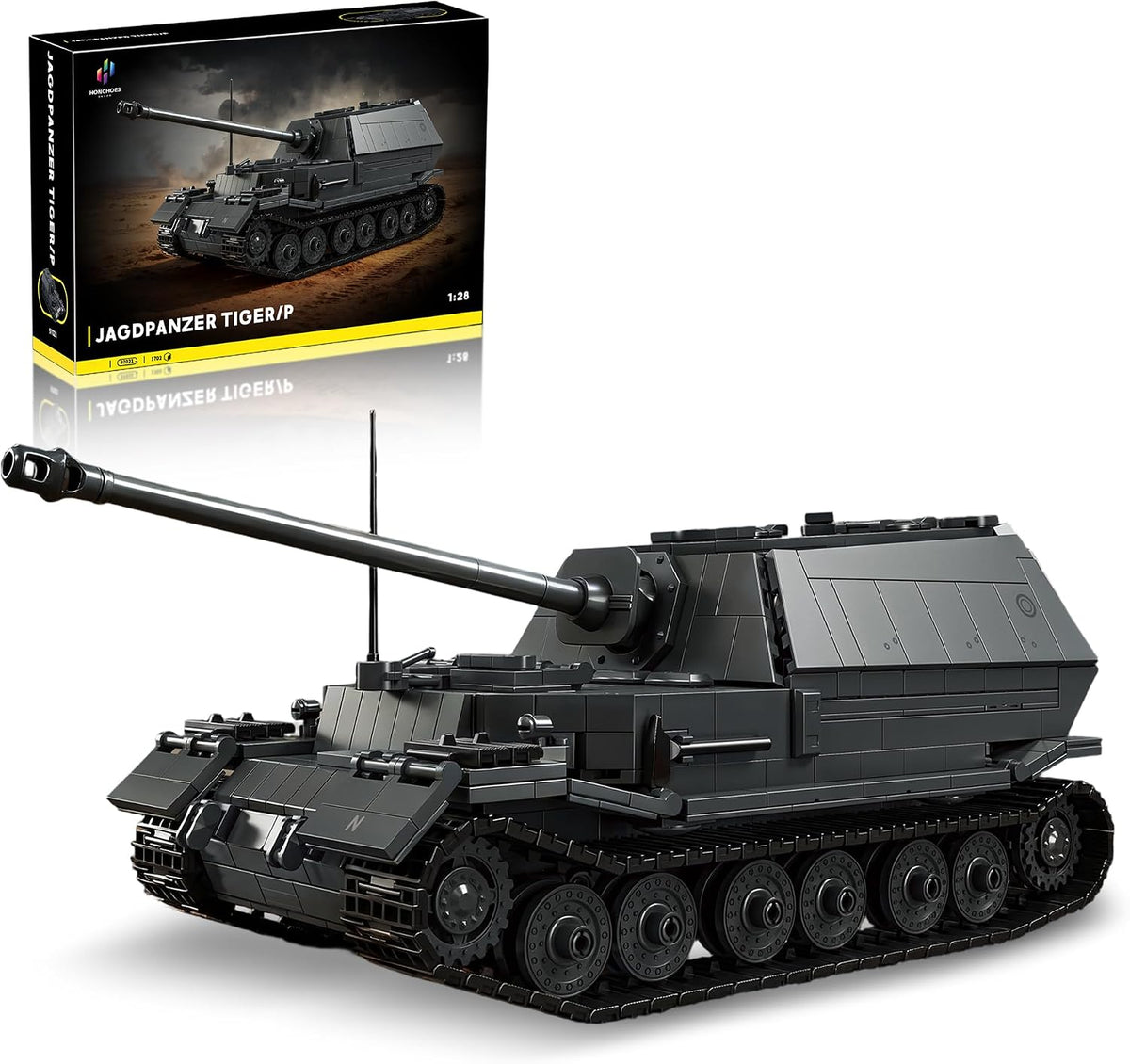 Brick-built 1:28 scale WW2 heavy tank destroyer with long gun and tracked chassis in gray