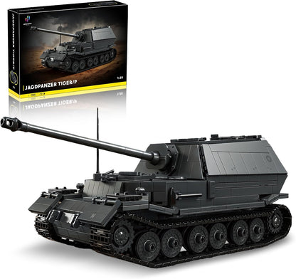 Brick-built 1:28 scale WW2 heavy tank destroyer with long gun and tracked chassis in gray