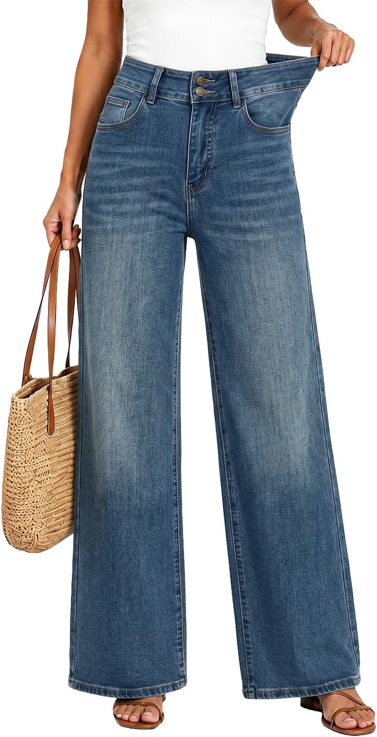 Women's High Rise Wide Leg Jeans - Relaxed Baggy Stretch Denim with a Double Button Waist - 2