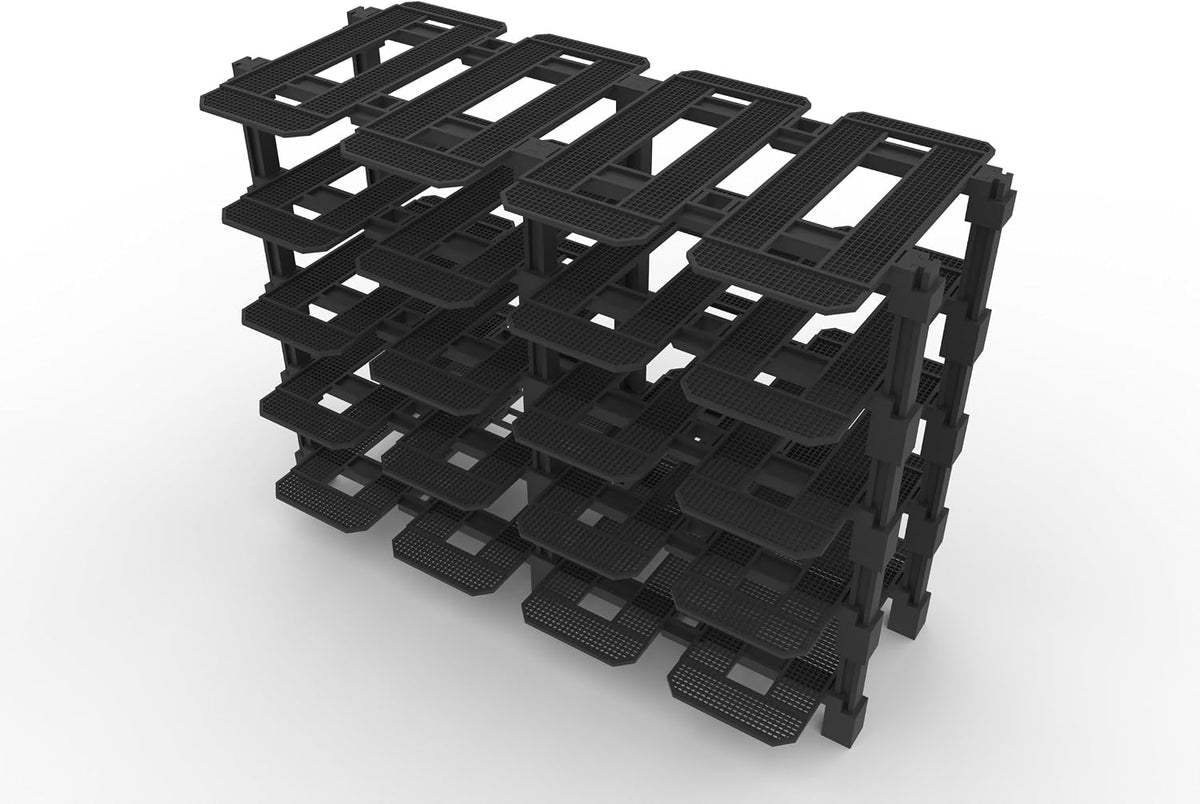 Modular racing garage display rack with small brick race cars in each bay – view 10