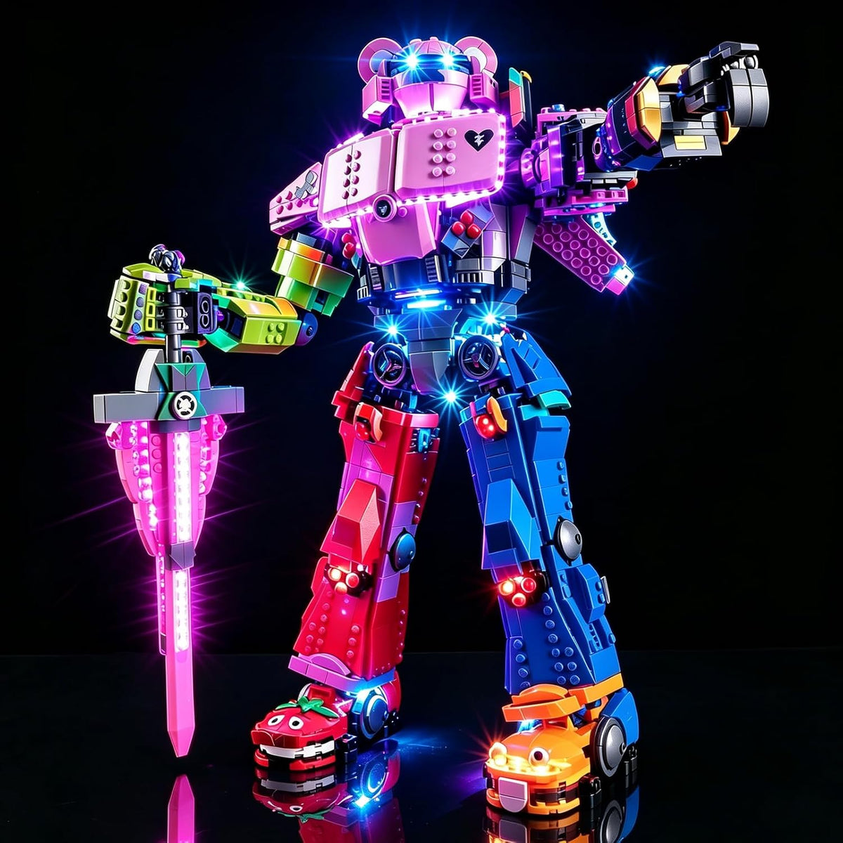 Brick-built mecha robot lit with blue and white LEDs in a dark setting – view 4