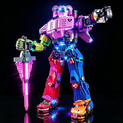Brick-built mecha robot lit with blue and white LEDs in a dark setting – view 4