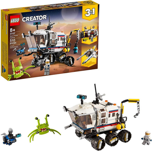 White and blue brick space rover with large wheels and robotic arm