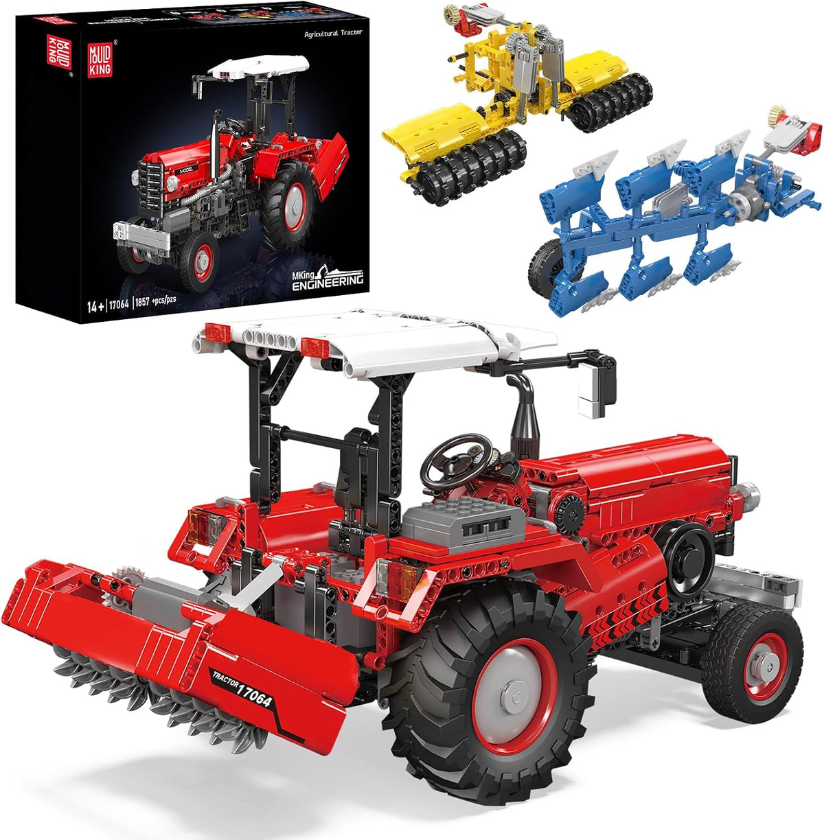 Brick-built farm tractor with front loader and plow attachment