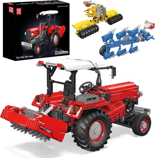 Brick-built farm tractor with front loader and plow attachment
