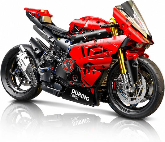 Large red brick-built motorcycle model at 1:5 scale on a stand