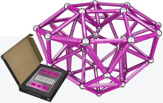 Purple magnetic rods and silver spheres assembled into a 3D geometric structure