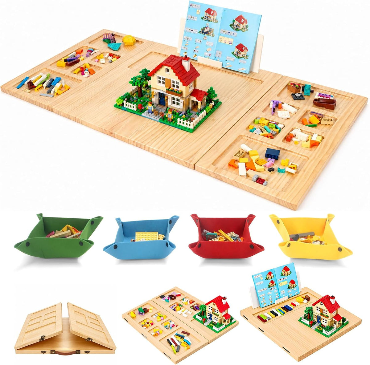 Open tri-fold wooden building table with green baseplates and four sorting trays